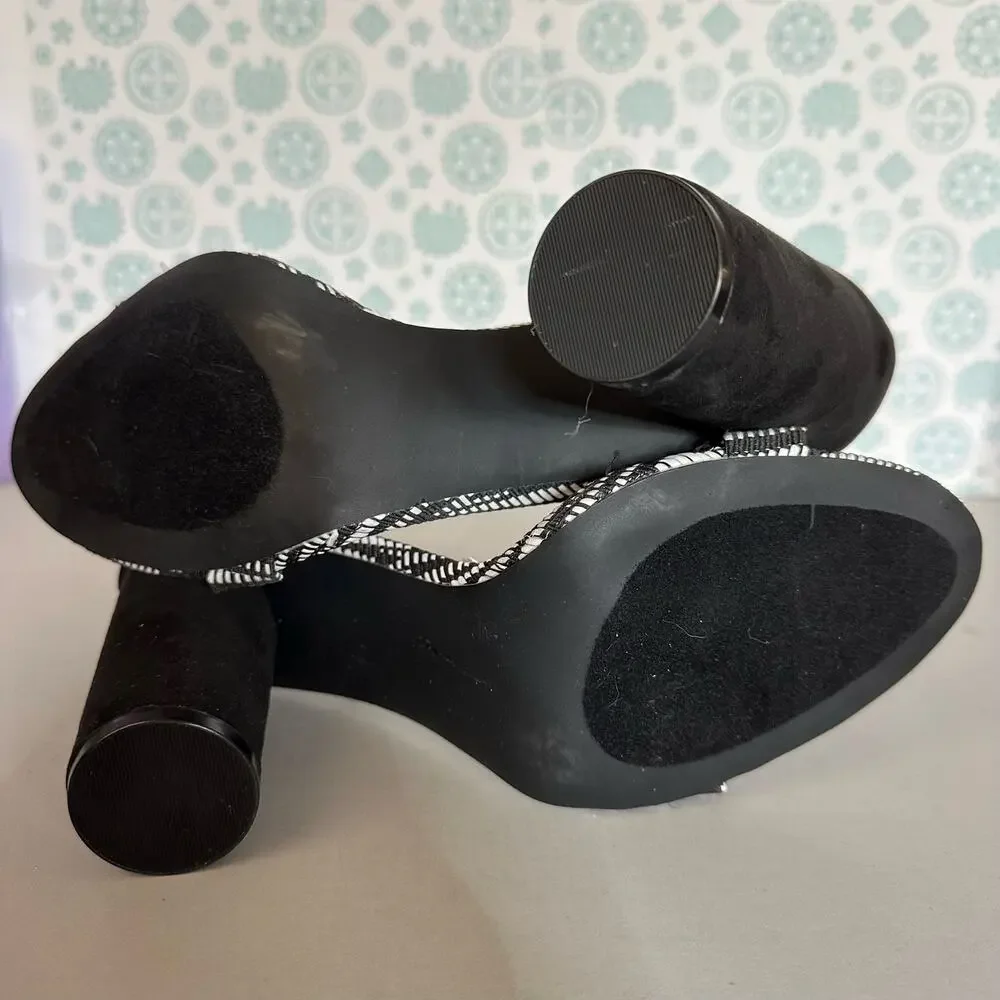 JustFab Womens Black White Woven Block Heel Ankle Strap Sandals Open Toe 10 - Picture 10 of 12